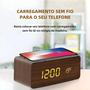 Imagem de Relógio Despertador Digital de Madeira com Carregamento Sem Fio e LED - Hora, Data e Temperatura