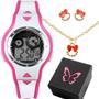 Imagem de Relogio Digital Rosa Infantil + Colar adolescente data laçinho pink criança original qualidade premium alarme branco