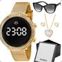 Imagem de relogio dourado feminino + caixa + oculos sol + pulseira digital silicone led casual ajustável redondo qualidade premium
