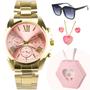 Imagem de relogio feminino aço dourado + colar brincos + oculos sol presente caixa premium casual social rosa qualidade premium
