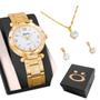Imagem de Relogio Feminino Aço Dourado + Colar Strass + Caixa + Brinco ajustavel social delicado original ponteiro inoxidável