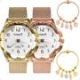 Imagem de Relogio feminino aço inox rose + relogio feminino prova dagua dourado kit resistente original silicone social combo