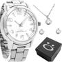 Imagem de relogio feminino aço prata + caixa brincos + colar strass casual resistente social ponteiro aço inoxidável aço inox