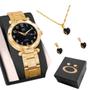 Imagem de Relogio Feminino Aço Preto + Colar Strass + Brincos + Caixa inoxidável ajustavel mostrador preto social ponteiro