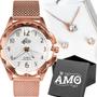 Imagem de relogio feminino aço rose + colar + pulseira + caixa social moda qualidade premium inoxidavel strass edição limitada