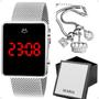 Imagem de relogio feminino digital aço inox + caixa pulseira delicada casual social qualidade premium pulseira ajustável prata led