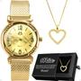 Imagem de relogio feminino dourado aço + colar mãe coração + caixa inoxidável casual strass presente social