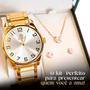 Imagem de relogio feminino dourado aço inox + colar + brincos + caixa