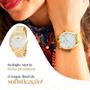 Imagem de Relogio feminino dourado aço inox + colar + caixa + brincos qualidade premium moda casual presente