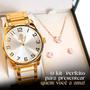 Imagem de Relogio Feminino Dourado Aço Inox Ou Colar + Brincos + Caixa