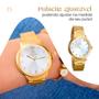 Imagem de relogio feminino dourado aço inox + pulseira pandora moda qualidade premium strass social casual