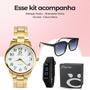 Imagem de relogio feminino dourado aço + oculos protecao uv + caixa qualidade premium casual presente social