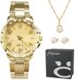 Imagem de Relógio Feminino Dourado Aço Strass + Caixa + Colar Brincos