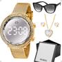 Imagem de Relogio feminino dourado + caixa + pulseira + oculos sol moda qualidade premium gatinho redondo