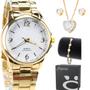 Imagem de Relogio feminino dourado + colar aço strass + pulseira caixa presente casual qualidade premim social