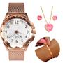 Imagem de Relogio feminino dourado prova dagua banhado + caixa + colar + pulseira Rose social moda coração