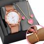 Imagem de Relogio feminino dourado prova dagua banhado + caixa + colar + pulseira Rose social moda coração