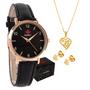 Imagem de Relógio Feminino Dourado Pulseira de Couro Original Quebec + Colar e Brincos