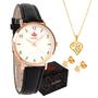 Imagem de Rélógio Feminino Dourado Pulseira de Couro Quebec Original com Colar e Brincos