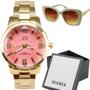 Imagem de Relógio Feminino Dourado Rosa Banhado Moda Luxo + Óculos Sol Proteção Uv Presente