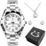 Imagem de relogio feminino prateado aço inox + caixa casual social original prata strass qualidade premium presente inoxidável