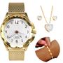 Imagem de relogio feminino prova dagua dourado + colar + pulseira moda casual coração silicone presente