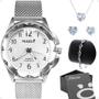 Imagem de relogio feminino prova dagua prata + pulseira + colar brinco moda strass coração casual original zirconia silicone