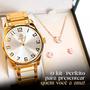 Imagem de Relógio Feminino Quartz Original Dourado  Aço Inox + kit Banhado Ouro 18k