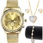 Imagem de relogio feminino strass dourado + pulseira + brincos moda redondo delicado prova dagua