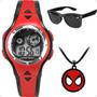 Imagem de Relogio infantil led vermelho + colar + oculos proteção uv social preto casual original silicone homem aranha ajustavel