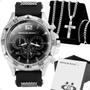 Imagem de Relogio Masculino Aço + Caixa + Pulseira + Cordão Crucifixo pai nosso inoxidável religioso Ajustavel social casual