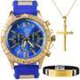 Imagem de Relogio Masculino Aço Dourado + Cordao Crucifixo + Pulseira religioso qualidade premium azul robusto