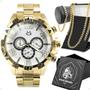 Imagem de relogio masculino aço dourado + pulseira + cordão + caixa grumet casual analogico pesado presente robusto social original qualidade premium