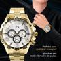 Imagem de relogio masculino aço dourado + pulseira + cordão + caixa grumet casual analogico pesado presente robusto social original qualidade premium