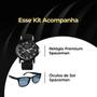 Imagem de Relogio masculino aço inox preto + oculos sol protecao uv analogico protecao uv qualidade premium