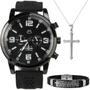 Imagem de relogio masculino preto aço + pulseira + cordao crucifixo robusto ponteiro prateado pesado original prata black piano