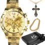 Imagem de relogio prova dagua dorado + cordao cruz + pulseira + caixa pesado qualidade premium presente robusto casual original