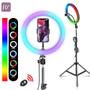 Imagem de Ring Light Iluminador Rgb Colorido Luz Led Hing Make Profissional + Tripé Microfone Condensador + Lapela Gravação Vídeo