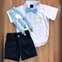 Imagem de Roupa Bebê Tema Batizado Body Curta Branco Bermuda Color Marinho Suspensório e Gravata Azul Claro