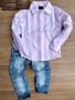 Imagem de Roupa Menino Infantil Camisa Manga Longa Linho Listrada Rosa Calça Jeans