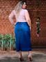 Imagem de Saia Jeans, Midi, Azul Jeans, Barra Desfiada, Plus Size