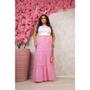 Imagem de Saia Midi Longa Três Maria Tricoline Listrada Plus Size Rosa com Branco Moda Curve Versátil Evangélica Verão