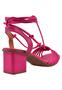 Imagem de Sandália Salto Grosso Rosa Chic Calçados Feminino Salto Alto Bloco Amarração Bico Quadrado Pink