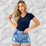 Imagem de Short Feminino Jeans Bermuda  Jeans Rasgado Feminino sem Lycra