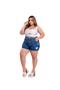 Imagem de short jeans plus size com bordado no cós sem elastano forma maravilhosa realçando suas curvas