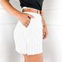 Imagem de Short saia alfaiataria risca de giz com cinto marrom material sintético e bolso feminino fashion