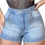 Imagem de Shorts Jeans Com strass Franja  Barra Dobrada Cintura Alta