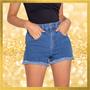 Imagem de Shorts Jeans Feminino Cintura Alta com Elastano e barra com dobra desfiada