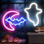 Imagem de Sinais de néon BRIGHTDECK Halloween White Ghost Blue Bat Half Moon