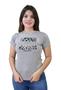 Imagem de T-Shirt Feminina Happines Enjoy Cinza com detalhe de onça e pedras de brilho colada nas letras